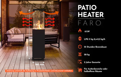Faro Terrassenheizer Heizpilz Propangas schwarz 8kW tragbar freistehend mit Abdeckung für draußen 36x36x150cm