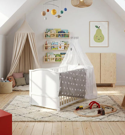 Babybett Set Little Stars 70 x 140 cm mitwachsend umbaubar mit kompletter Textilien Sterne Design höhenverstellbar Holz weiß