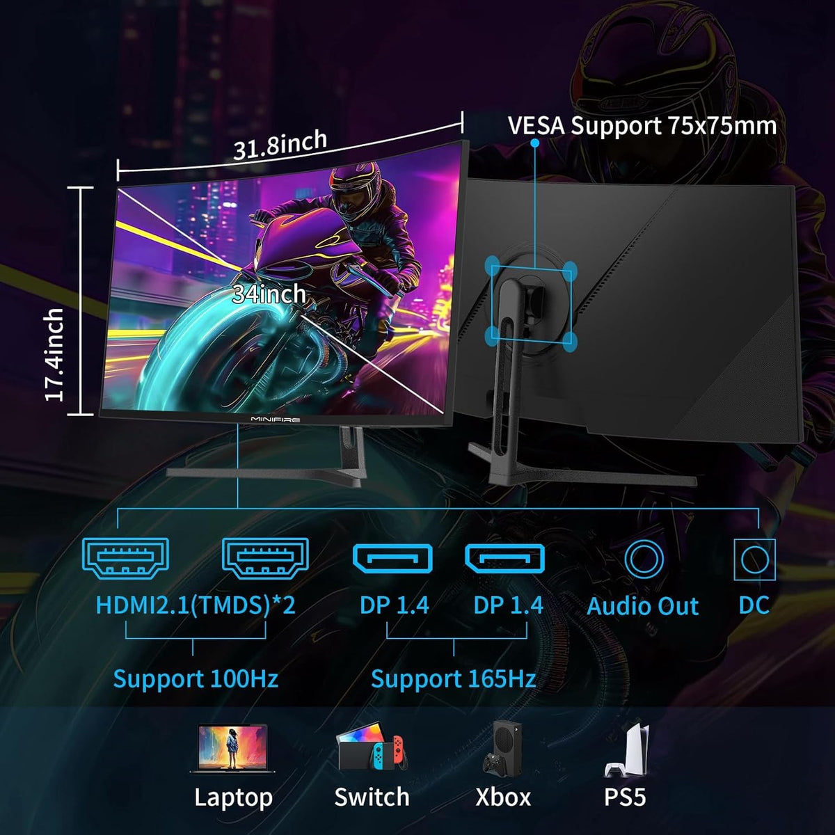 34 Zoll Curved 1500R Gaming Monitor 165Hz 3440x1440 1ms MPRT FreeSync HDR VA 2xHDMI 2.1 1xDP 1.4 MFG34C5Q