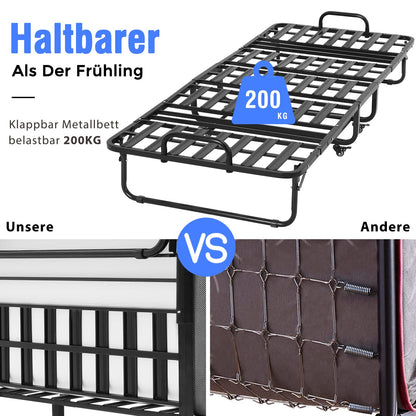 Klappbett 90x200cm Erwachsene mit 13cm Memoryschaum Matratze klappbar Metallrahmen mit Rollen 200kg belastbar