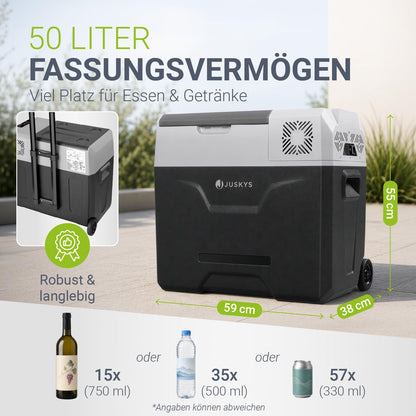 Kompressor Kühlbox 50 Liter 12/24/230 V Auto LKW Reisemobil Camping kalt und warm mit Steckdose Grau