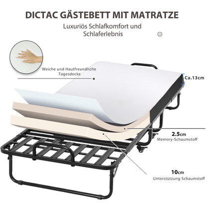 Klappbett 90x200cm Erwachsene mit 13cm Memoryschaum Matratze klappbar Metallrahmen mit Rollen 200kg belastbar