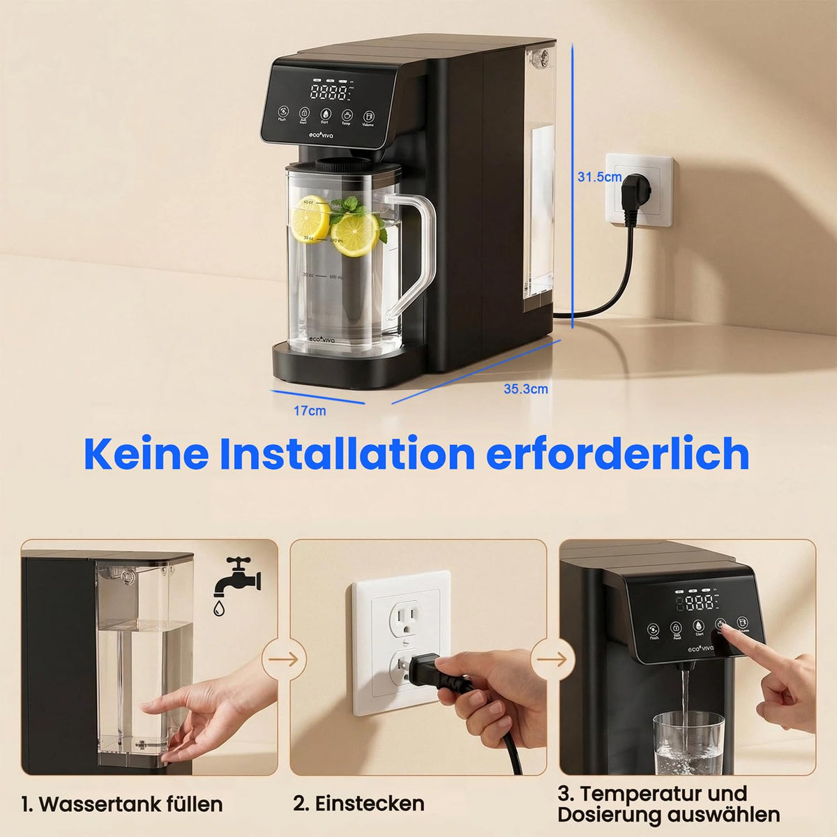 UV RO Tischwasserfilter 8 Stufen mit Heißwasserspender TDS Monitor ohne Installation für Büro Camping zu Hause