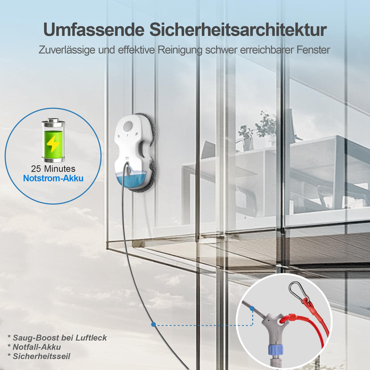 Fensterputzroboter S7 aktive Sprühfunktion 6500 Pa Saugkraft 3D Schwebepad 80 ml Tank Mehrfachschutz 8 Lappen