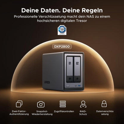 NASync DXP2800 2 Bay NAS ohne HDD, Intel N100, 2,5 GbE, 8 GB DDR5, 2x M.2 NVMe, 4K HDMI, Docker, VMs, AI