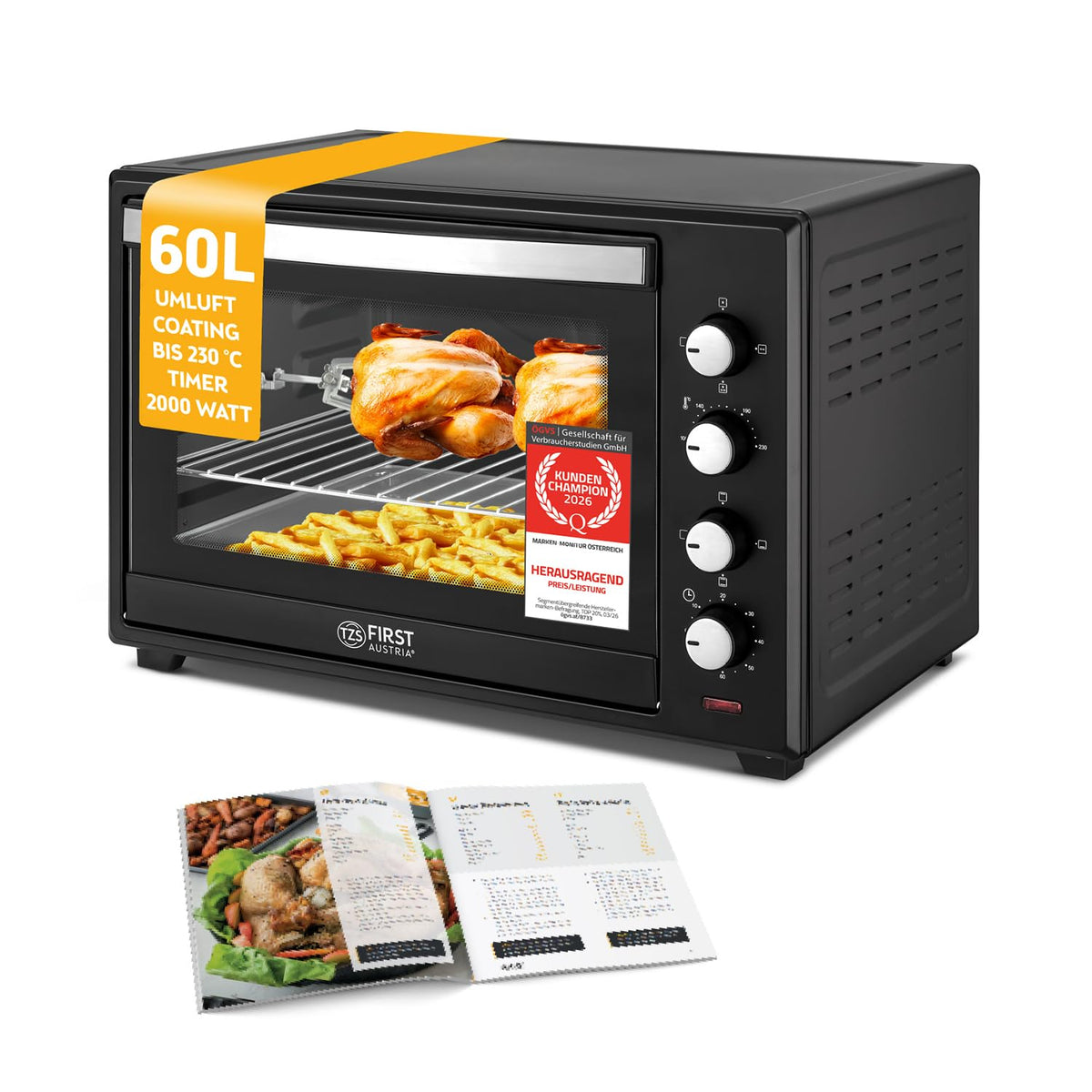 Minibackofen 60L 2000W Pizzaofen 230°C 6 Modi 60 Min Timer 4 Einschubhöhen Backblech Grillrost Drehspieß A++
