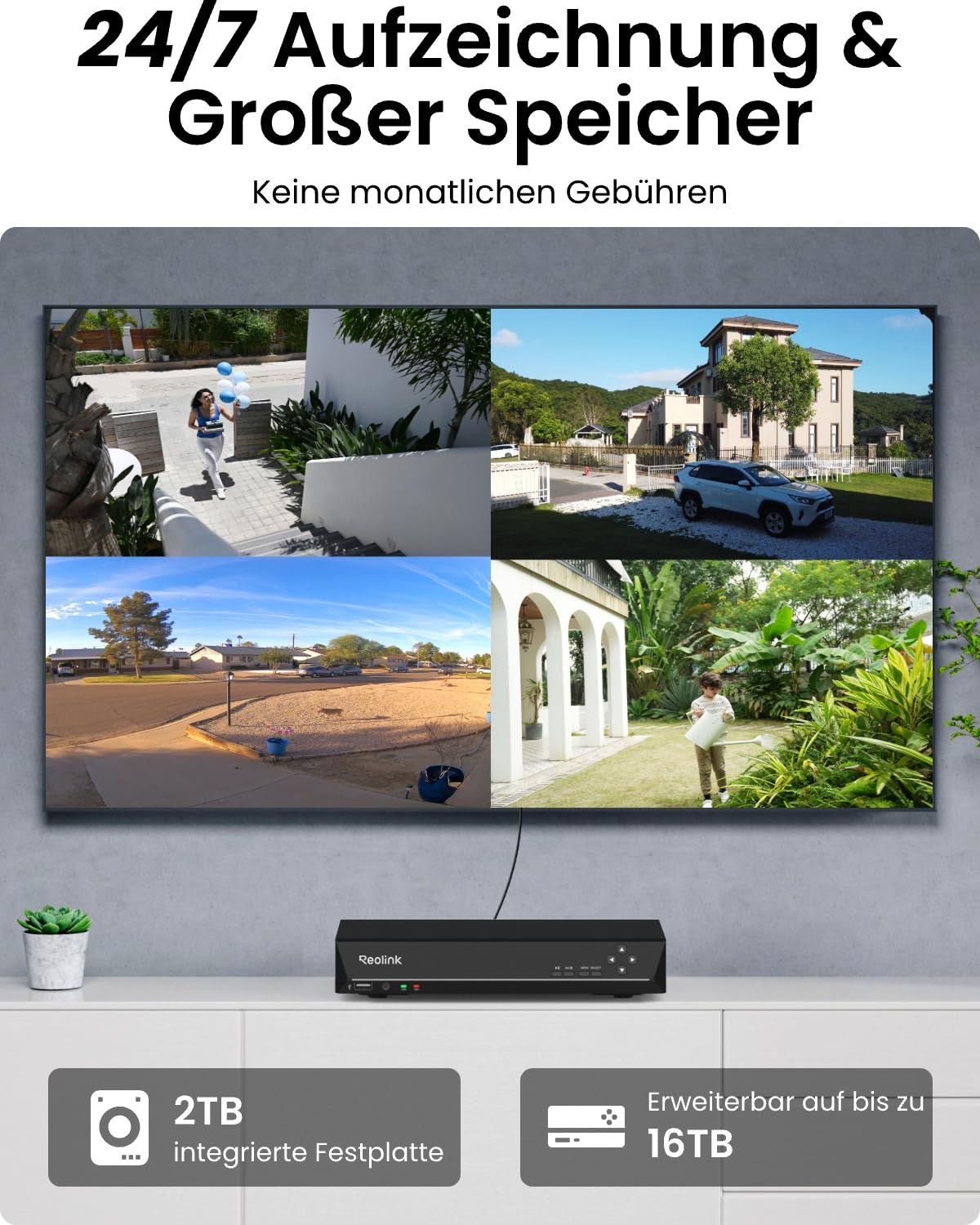 4K PoE Außen Set, 8CH NVR 2TB, 4x 8MP IP, Personen und Fahrzeugerkennung, 24/7 Innen/Außen, RLK8 800B4 Schwarz