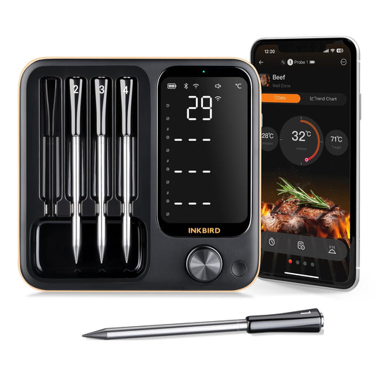 Fleischthermometer kabellos mit App, 4 Sonden, WiFi 2.4G Bluetooth 5.4, 91m, ±1°C, IPX67, Ofen, Grill, Smoker