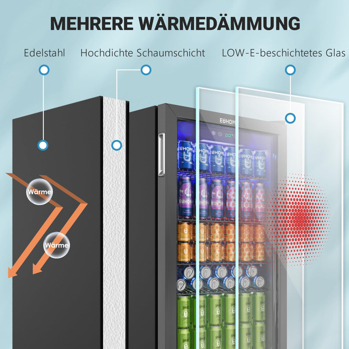 90L Mini Getränkekühlschrank für 126 Dosen mit Glastür verstellbare Regale Zuhause Bar Büro Schwarz Edelstahl