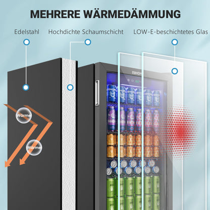 90L Mini Getränkekühlschrank für 126 Dosen mit Glastür verstellbare Regale Zuhause Bar Büro Schwarz Edelstahl