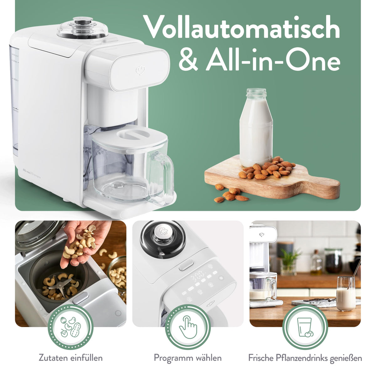 Pflanzenmilchbereiter Mila 600ml, 6 Programme, Selbstreinigung, LED Display, Nussmilch, Sojamilch, Haferdrinks