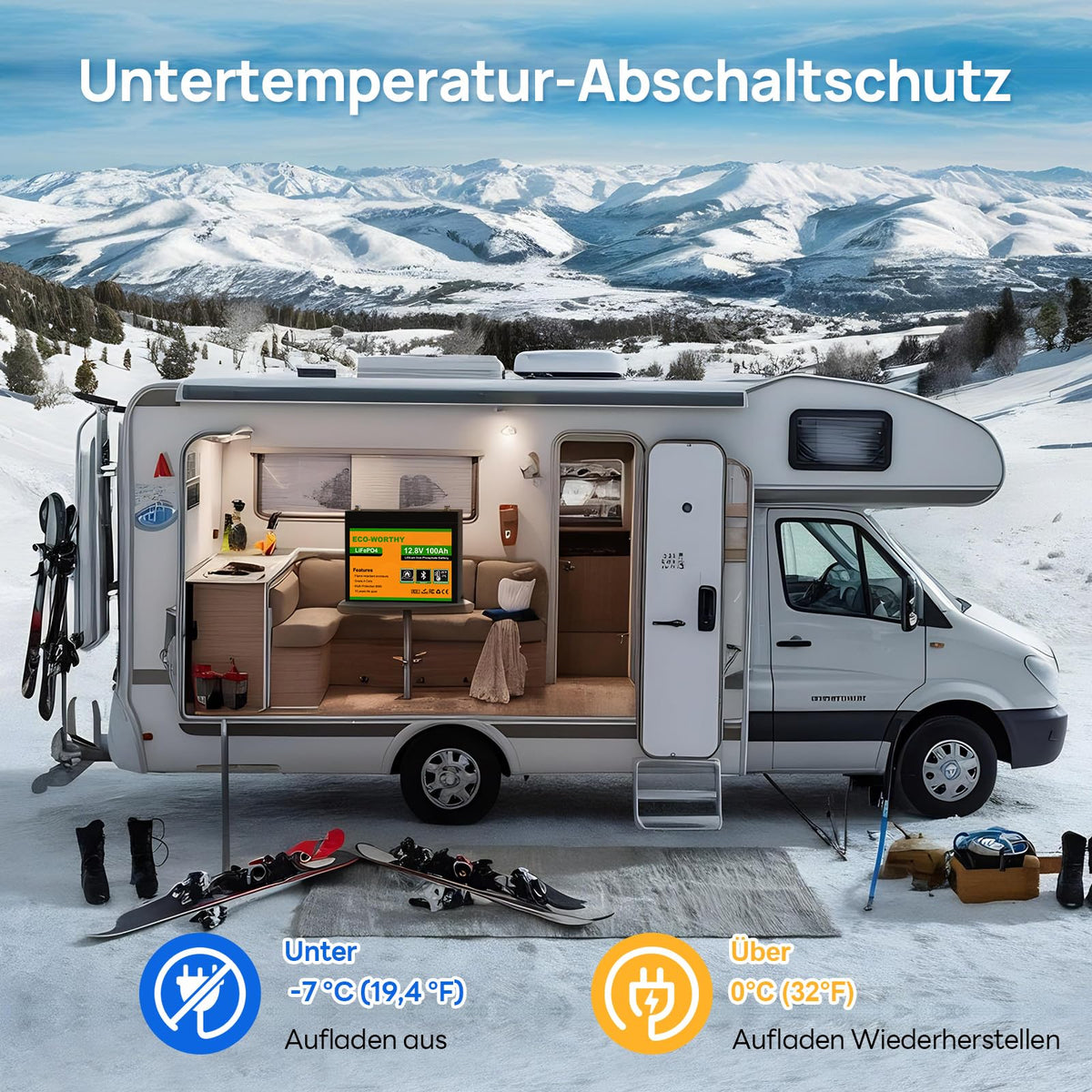 LiFePO4 12V 100Ah Bluetooth mit 12/24V 20A Ladegerät BMS Niedrigtemperaturschutz für Wohnmobil Boot Wohnwagen