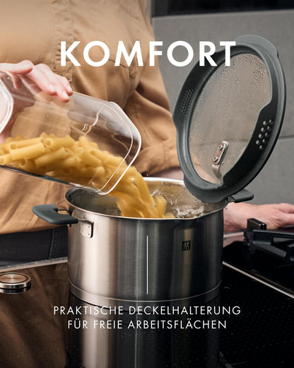 Simplify Kochtopf Set 5 teilig Integriertes Sieb Abgießfunktion Induktion Stay Cool Griffe Edelstahl Grau