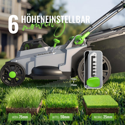 Akku Rasenmäher 40V 2x20V 43cm 500m² brushless mulch kit 50L Fangkorb 6 Schnitthöhen 2x4,0Ah mit Ladegerät
