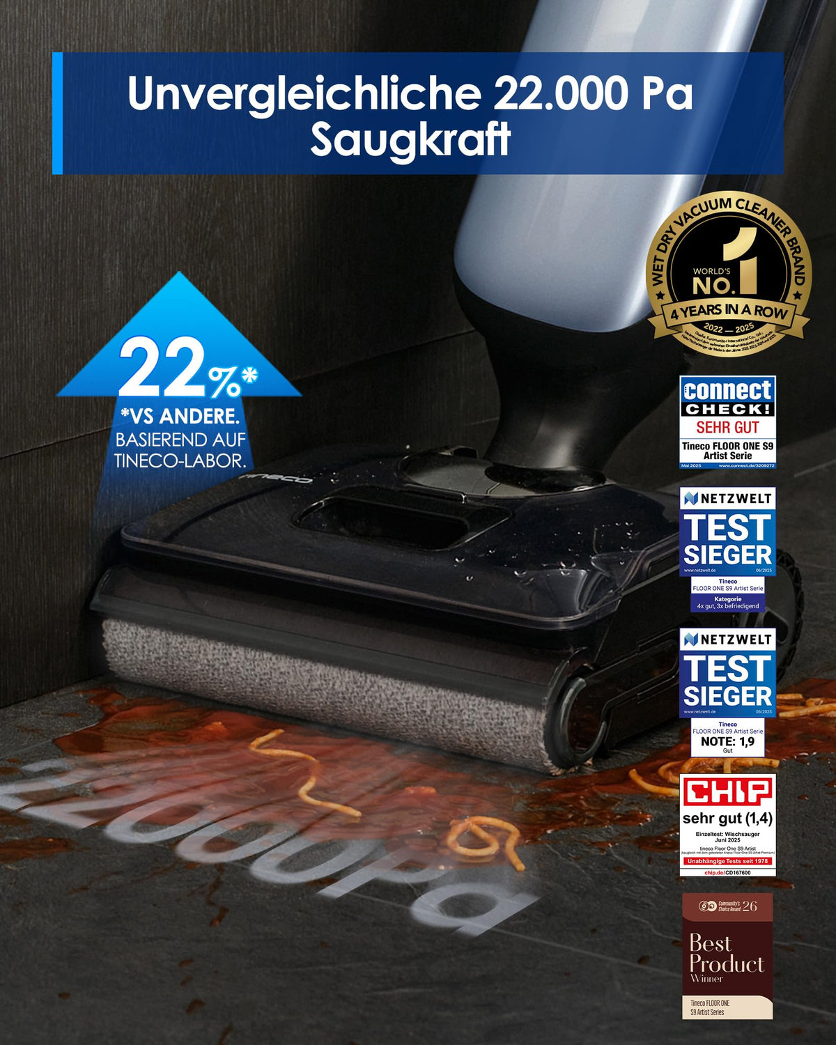 Floor ONE S9 Artist Smart Waschsauger, SmoothDrive, DualBlock, 180° Flachdesign, 85° Flashdry, 50 Min, 22000Pa