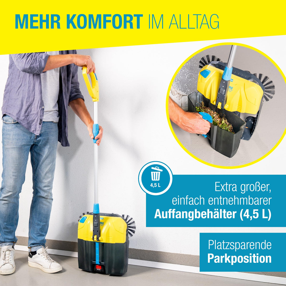EasySweep 18V Set Akku Kehrmaschine 40cm 4,5L Behälter für Gehweg Terrasse Einfahrt Garage Indoor Outdoor