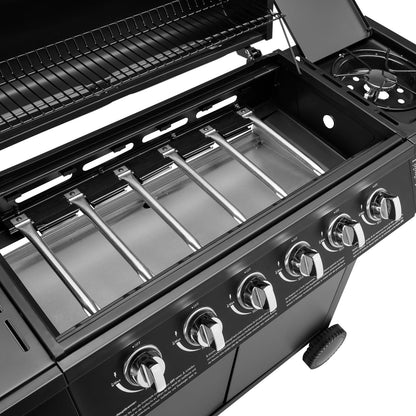 Basic 6 plus 1 BBQ Gasgrill Grillwagen mit Edelstahlbrenner und Seitenkocher für Garten und Terrasse