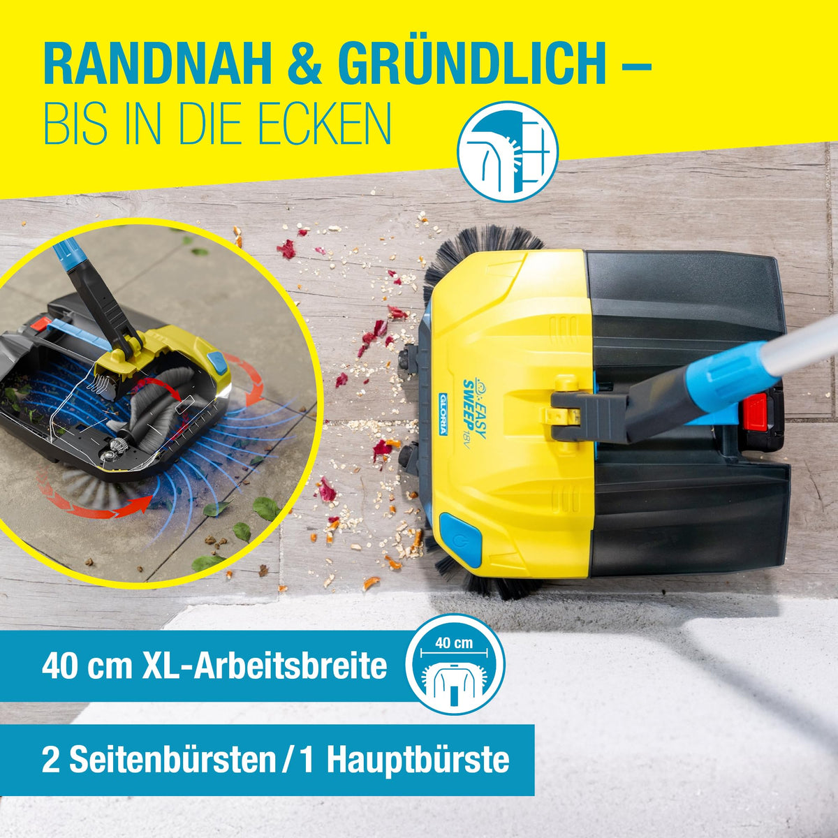 EasySweep 18V Set Akku Kehrmaschine 40cm 4,5L Behälter für Gehweg Terrasse Einfahrt Garage Indoor Outdoor