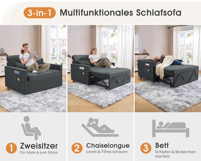 3 in 1 Schlafsofa 186 x 122 cm, Grau, verstellbare Rückenlehne, 12 cm Komfortpolster, Massivholz Metallrahmen