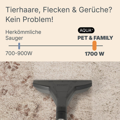 Aqua+ PET & Family Tierhaarsauger beutellos, Nass und Trockensauger, Wischfunktion Teppich, Sofa & Matratze