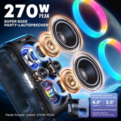 270W Peak Bluetooth Partybox Lautsprecher 125dB 12 Bässe 2x16,5cm Woofer Super Bass Mic Gitarre USB AUX Akku