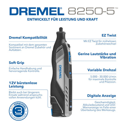 8250 12V Akku Rotationswerkzeug bürstenlos 5.000 bis 30.000 U/min 65 Zubehörteile 2 Akkus und Ladegerät