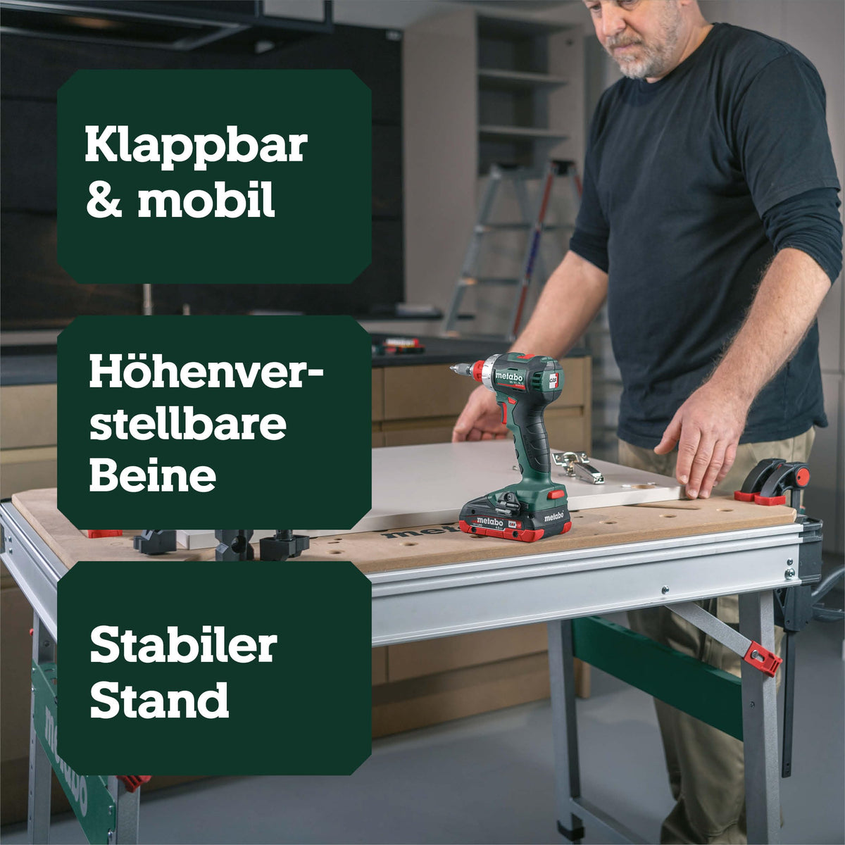 Multifunktionstisch MWB 100, klappbare Werkbank, mobiler Sägebock, 120 kg, inkl. 2 Zwingen und 4 Bankhaken