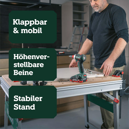 Multifunktionstisch MWB 100, klappbare Werkbank, mobiler Sägebock, 120 kg, inkl. 2 Zwingen und 4 Bankhaken