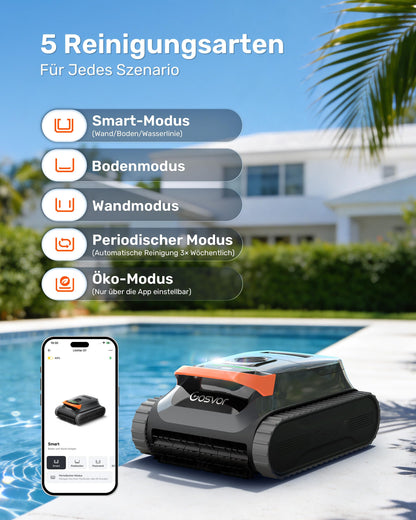 2026 Neu Akku Poolroboter 4in1 Wand Boden Wasserlinie Flachzone 200 Min 6,9 kg 3μm Filter bis 200m² Orange