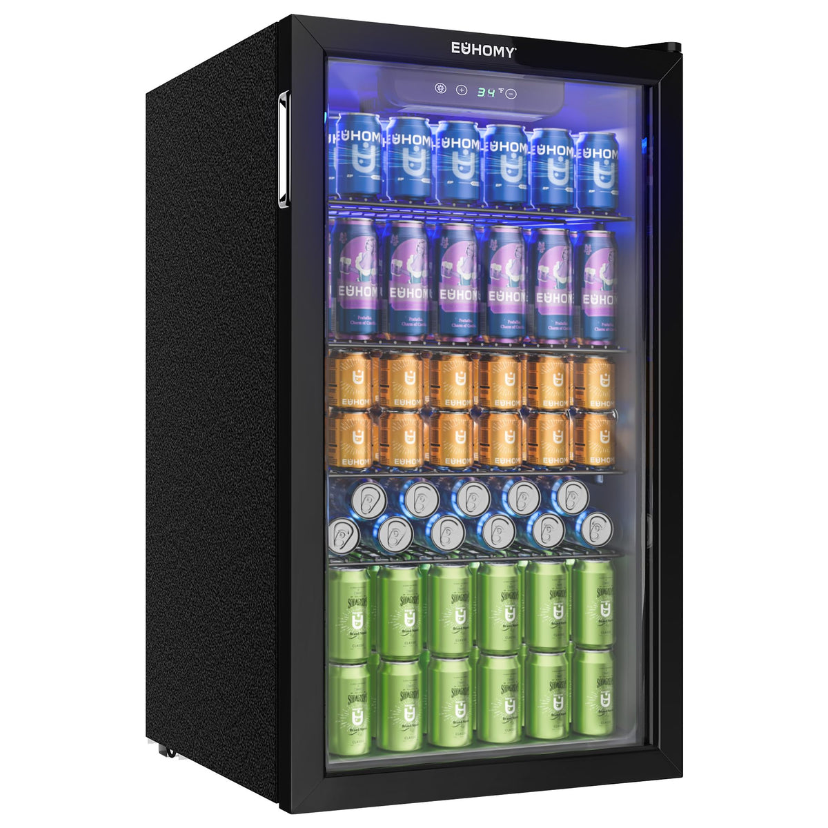 90L Mini Getränkekühlschrank für 126 Dosen mit Glastür verstellbare Regale Zuhause Bar Büro Schwarz Edelstahl