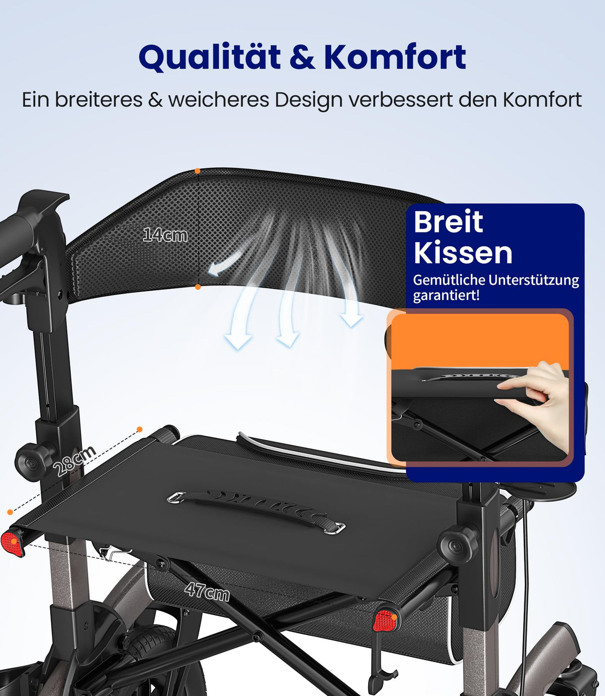 Rollator faltbar leicht mit Sitz Gummi Nonluftreifen höhenverstellbar Aluminium Grau Outdoor