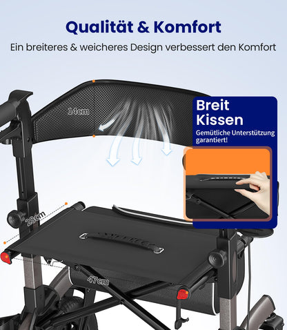 Rollator faltbar leicht mit Sitz Gummi Nonluftreifen höhenverstellbar Aluminium Grau Outdoor