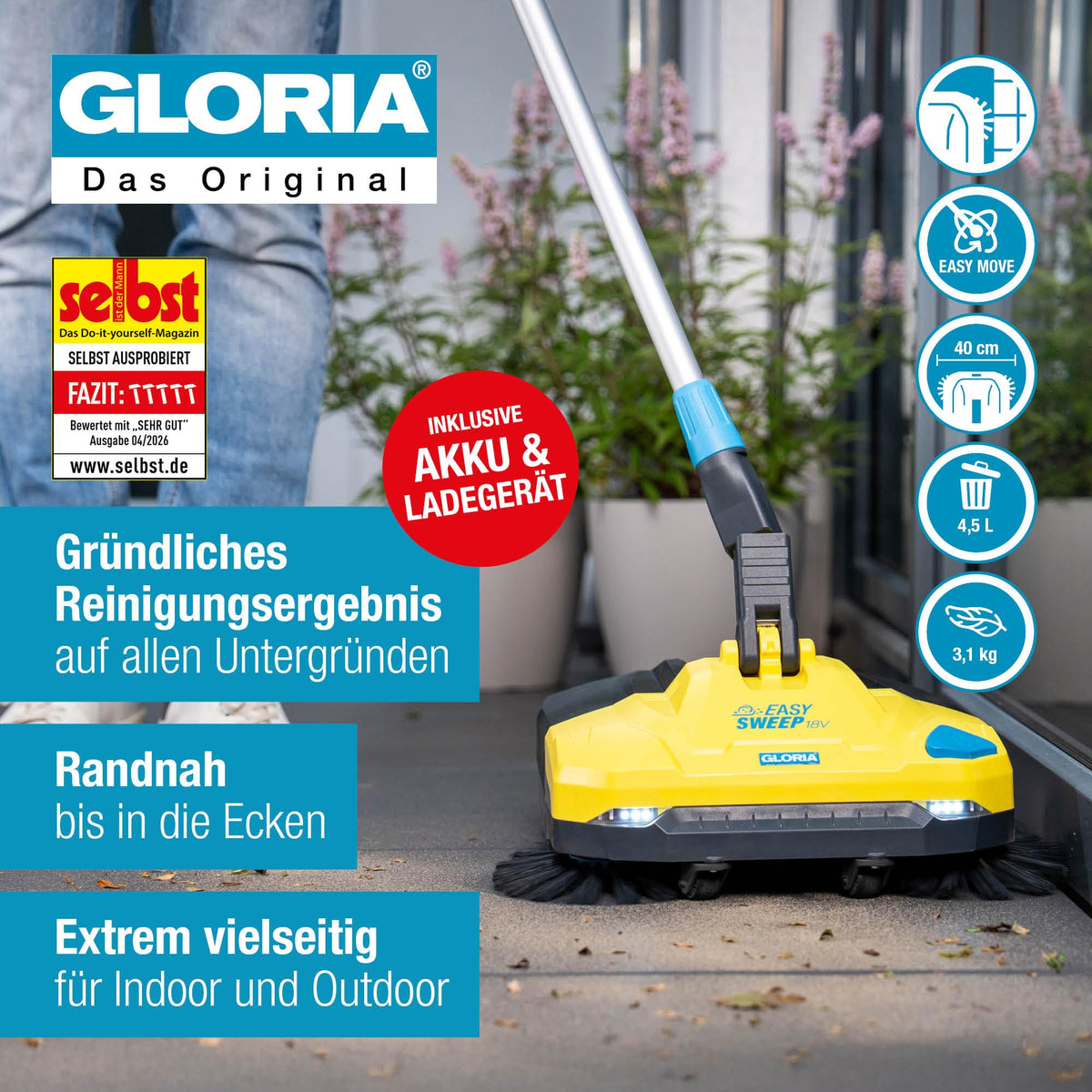 EasySweep 18V Set Akku Kehrmaschine 40cm 4,5L Behälter für Gehweg Terrasse Einfahrt Garage Indoor Outdoor