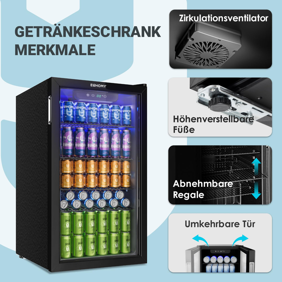 90L Mini Getränkekühlschrank für 126 Dosen mit Glastür verstellbare Regale Zuhause Bar Büro Schwarz Edelstahl