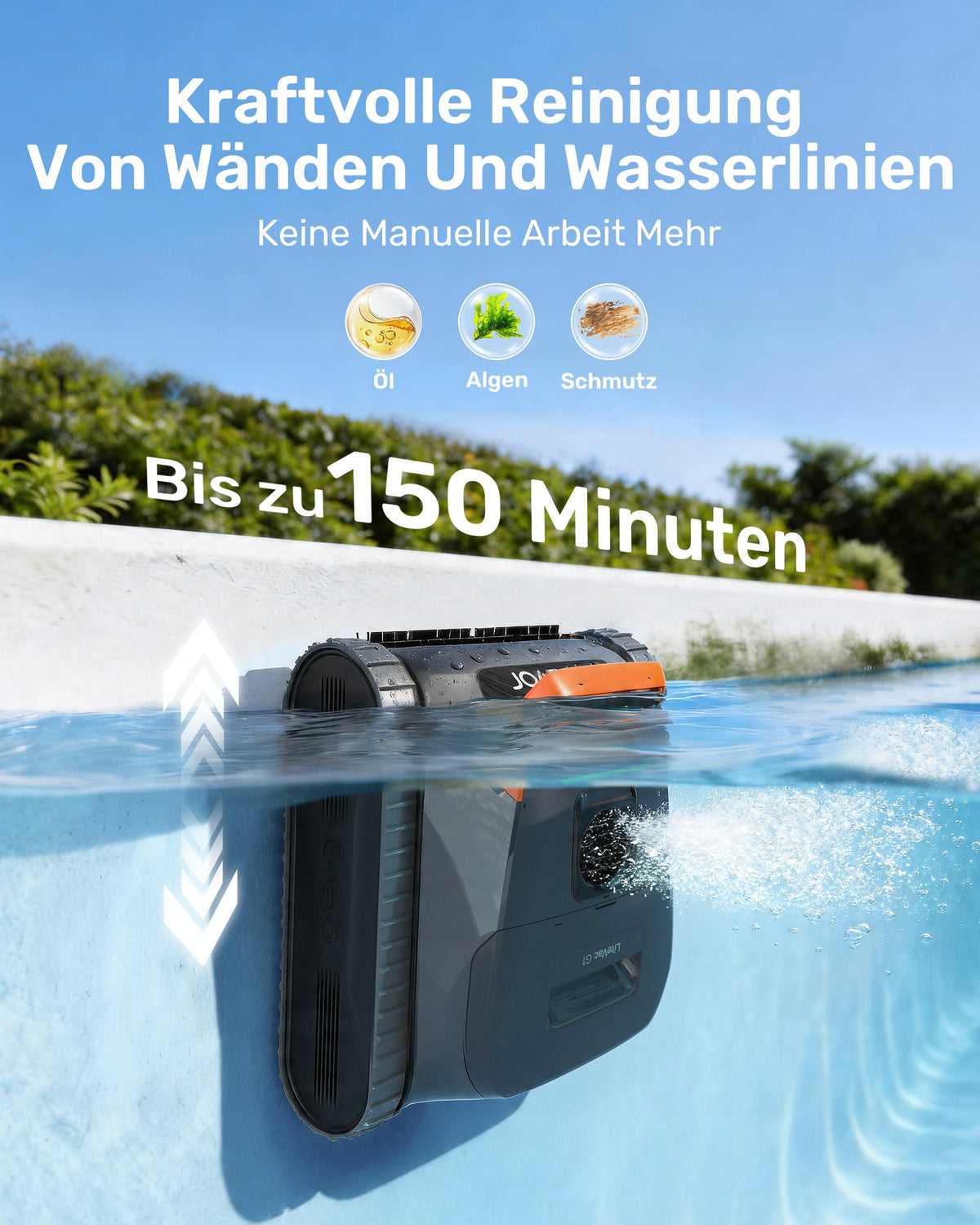 2026 Neu Akku Poolroboter 4in1 Wand Boden Wasserlinie Flachzone 200 Min 6,9 kg 3μm Filter bis 200m² Orange