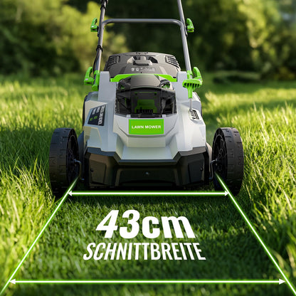 Akku Rasenmäher 40V 2x20V 43cm 500m² brushless mulch kit 50L Fangkorb 6 Schnitthöhen 2x4,0Ah mit Ladegerät