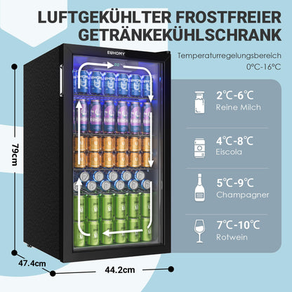 90L Mini Getränkekühlschrank für 126 Dosen mit Glastür verstellbare Regale Zuhause Bar Büro Schwarz Edelstahl