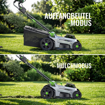 Akku Rasenmäher 40V 2x20V 43cm 500m² brushless mulch kit 50L Fangkorb 6 Schnitthöhen 2x4,0Ah mit Ladegerät