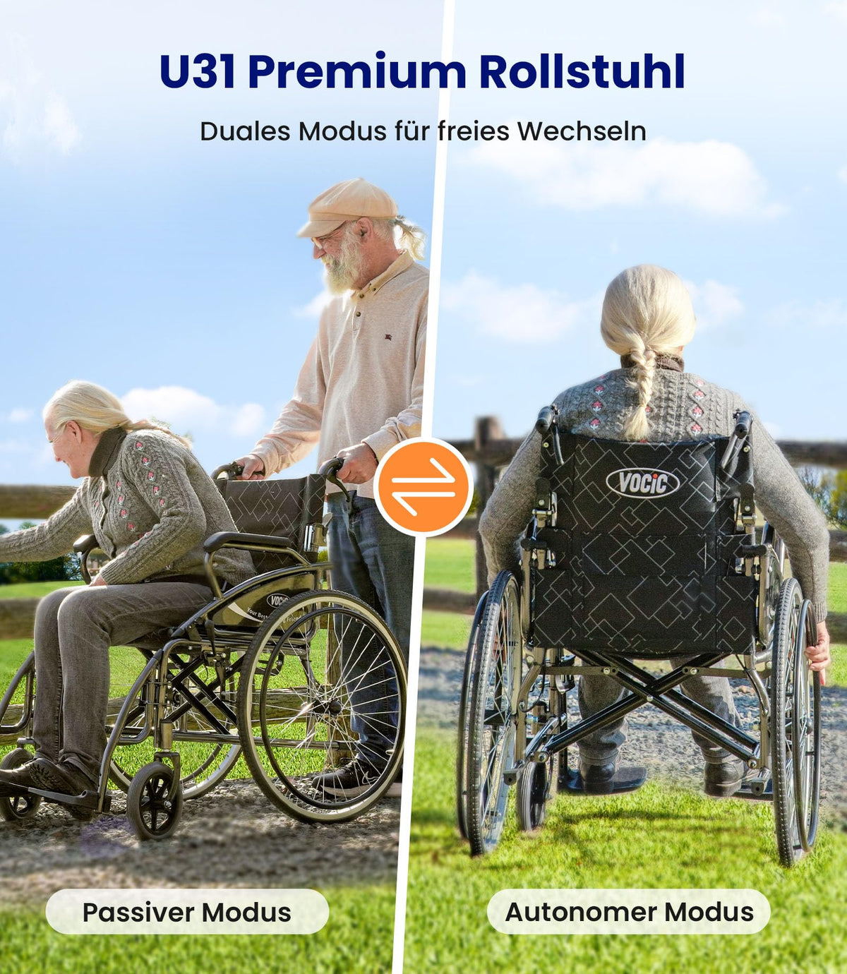 U31 Rollstuhl faltbar leicht mit Selbstantrieb 150kg 60cm Räder 46cm Sitz Doppelbremse 17,5kg outdoor Senioren