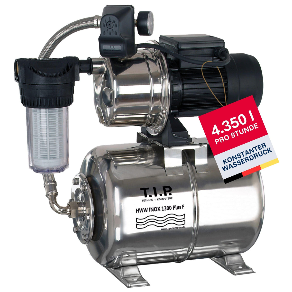 Hauswasserwerk HWW INOX 1300 Plus F 1200W Jet Pumpe 4350 l/h 50m Förderhöhe Druckkessel Vorfilter wartungsfrei