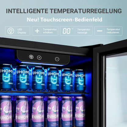 90L Mini Getränkekühlschrank für 126 Dosen mit Glastür verstellbare Regale Zuhause Bar Büro Schwarz Edelstahl