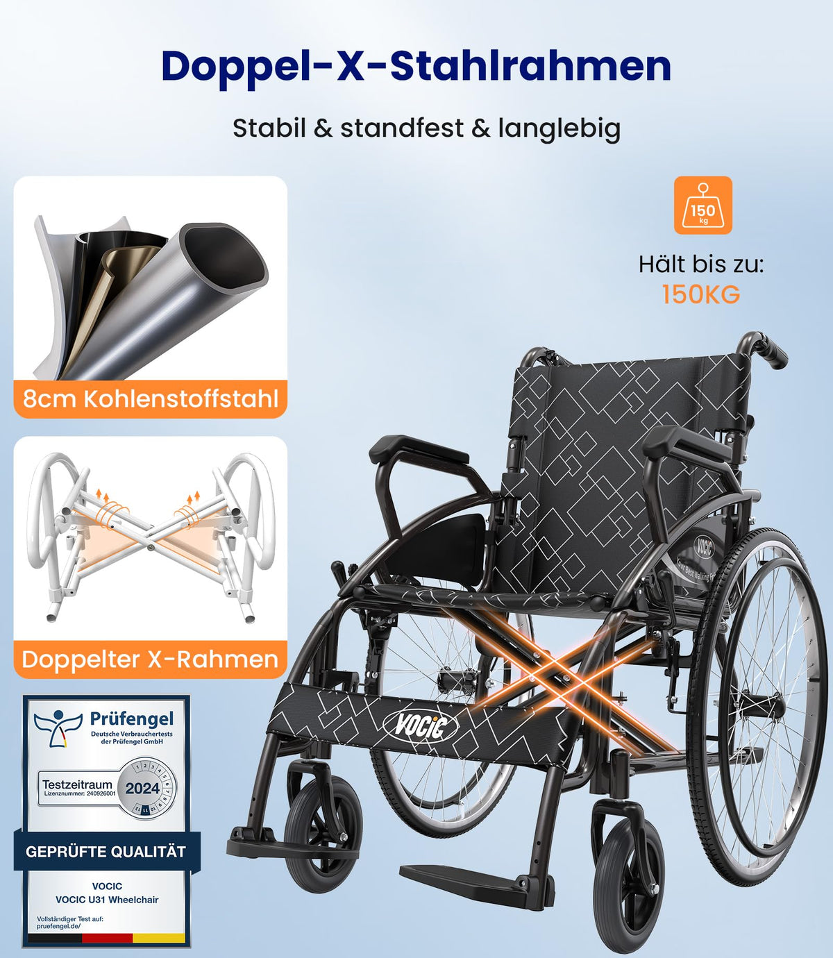 U31 Rollstuhl faltbar leicht mit Selbstantrieb 150kg 60cm Räder 46cm Sitz Doppelbremse 17,5kg outdoor Senioren