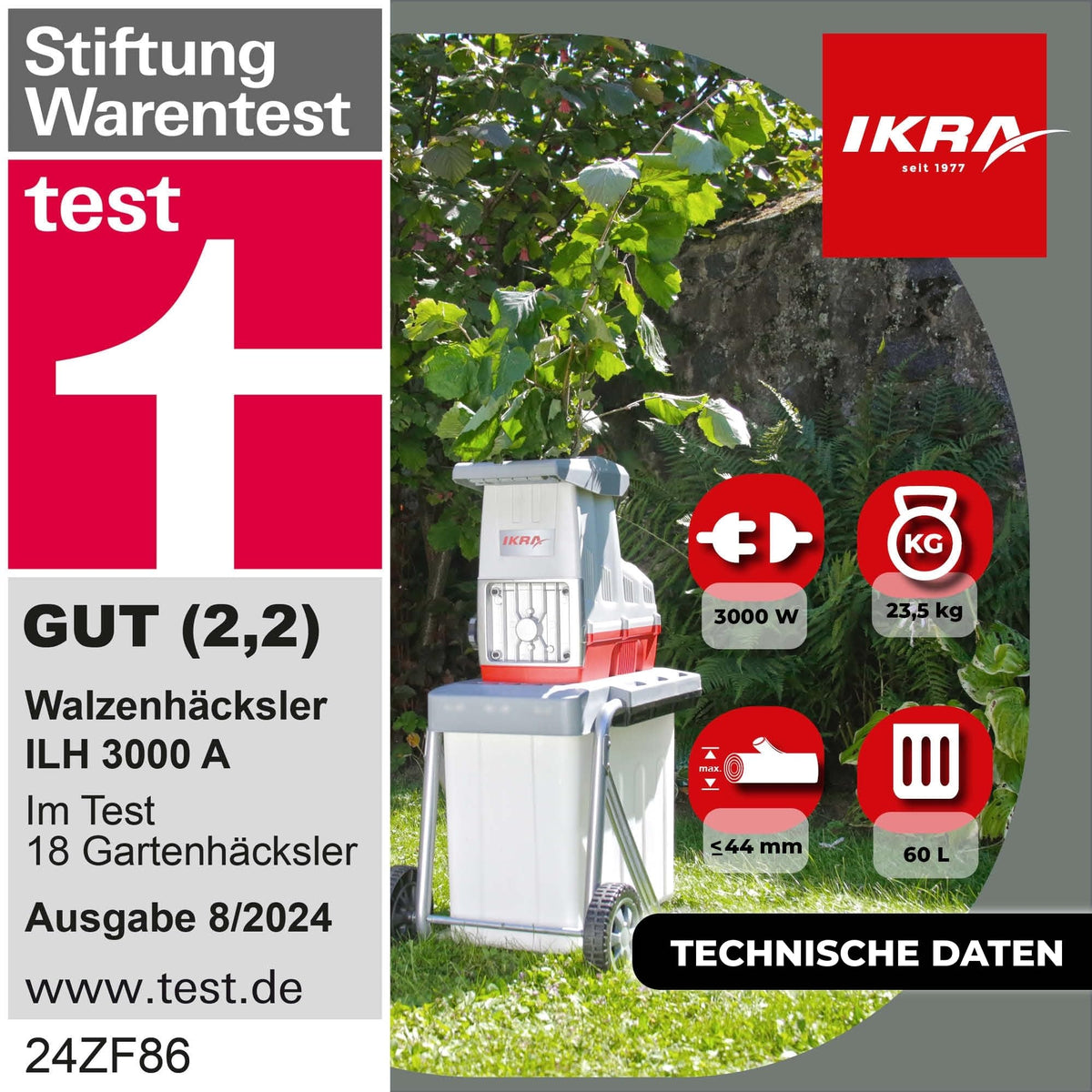 Walzenhäcksler ILH 3000A Aststärke bis 44mm 3000W leise robust wartungsarm automatischer Einzug Rückwärtslauf