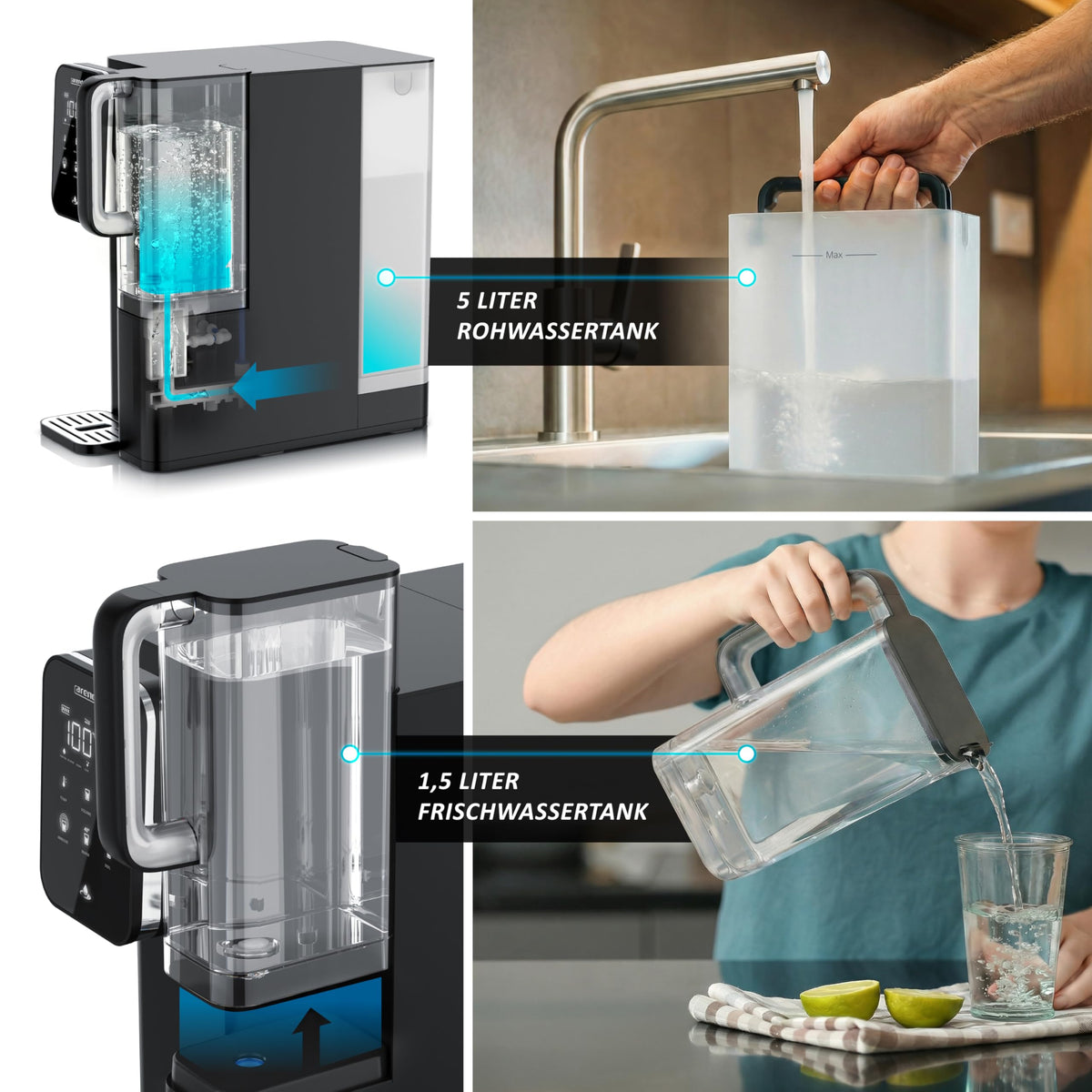 Osmoseanlage 99,99% reines Wasser, 7 Stufen Filter (5+2), montagefrei, Heißwasserspender 40 bis 100 °C, TDS
