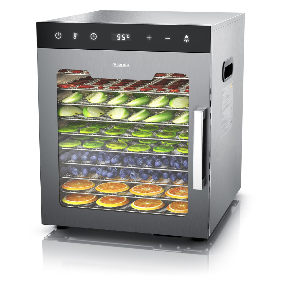 Edelstahl Dörrautomat Dehydrator, 10 Edelstahlgitter, 800 W, 35-85°C, 8400 cm², Obst, Fleisch, Pilze uvm.