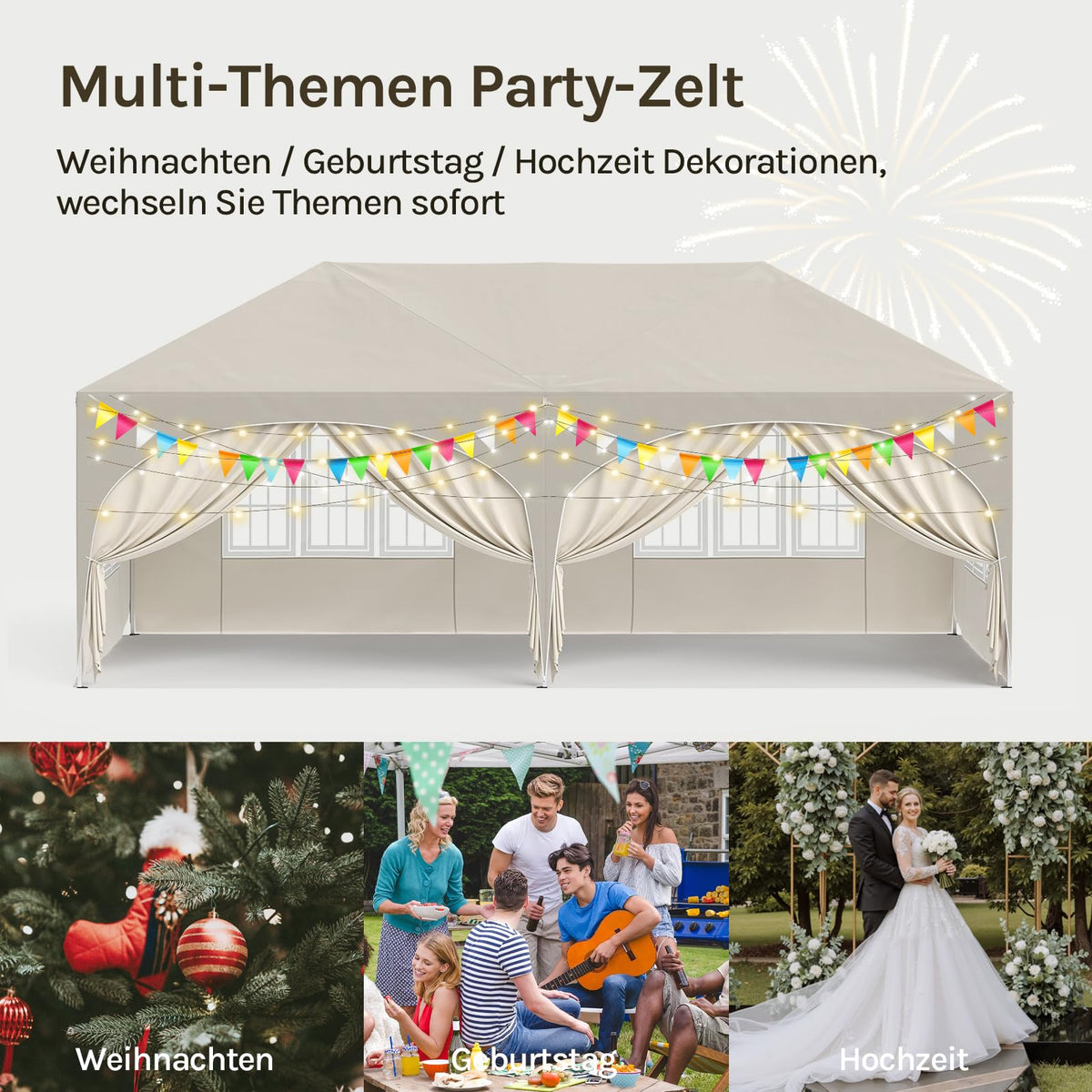 Faltpavillon 3x6m Pop up 6 Seitenwänden Partyzelt Beige UPF 50+ wasserdicht höhenverstellbar windstabil