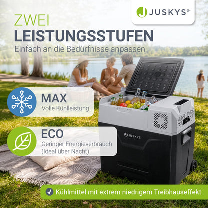 Kompressor Kühlbox 50 Liter 12/24/230 V Auto LKW Reisemobil Camping kalt und warm mit Steckdose Grau