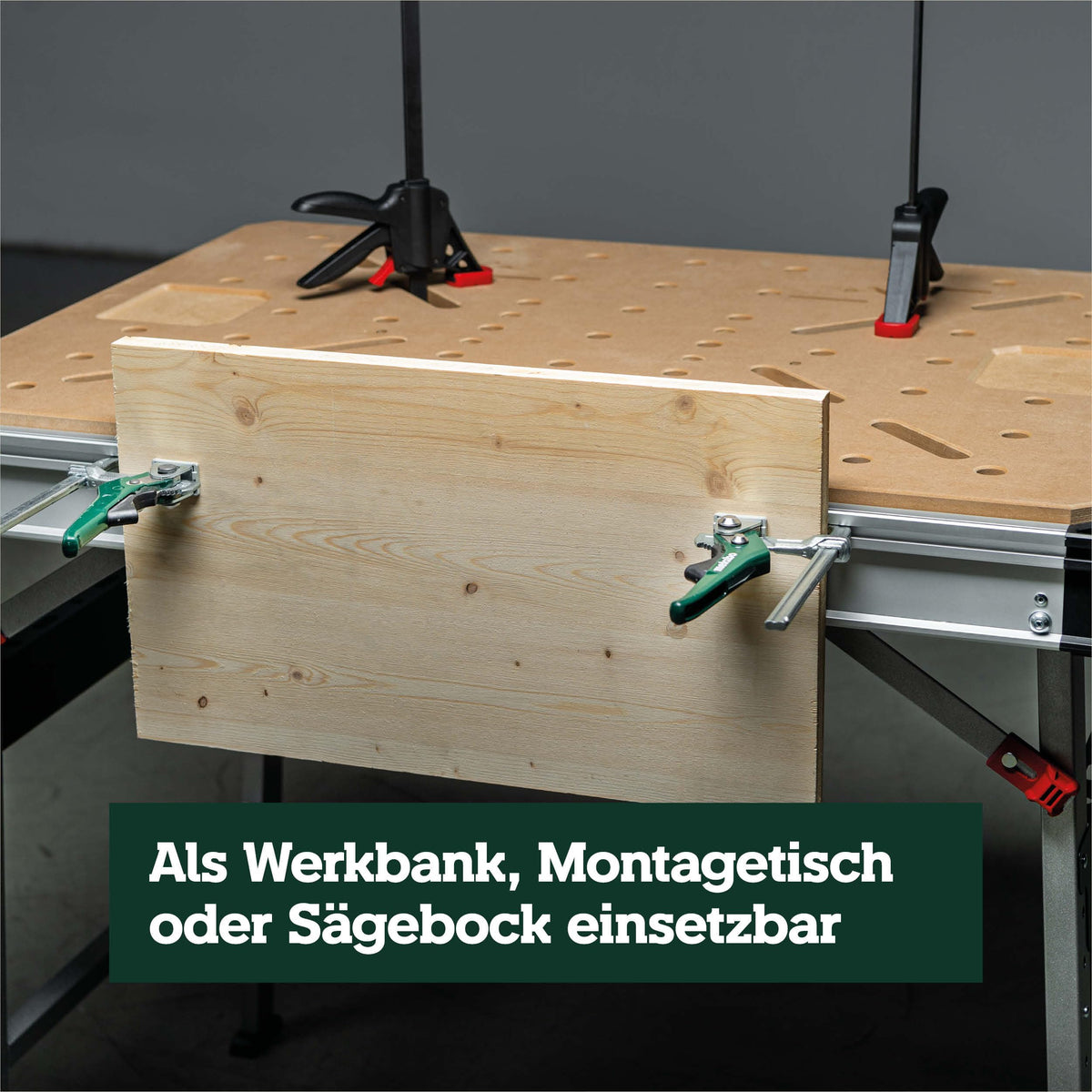 Multifunktionstisch MWB 100, klappbare Werkbank, mobiler Sägebock, 120 kg, inkl. 2 Zwingen und 4 Bankhaken