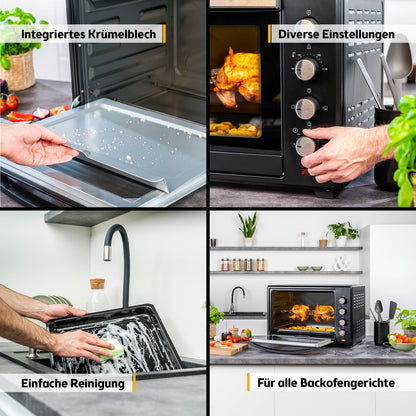 Minibackofen 60L 2000W Pizzaofen 230°C 6 Modi 60 Min Timer 4 Einschubhöhen Backblech Grillrost Drehspieß A++
