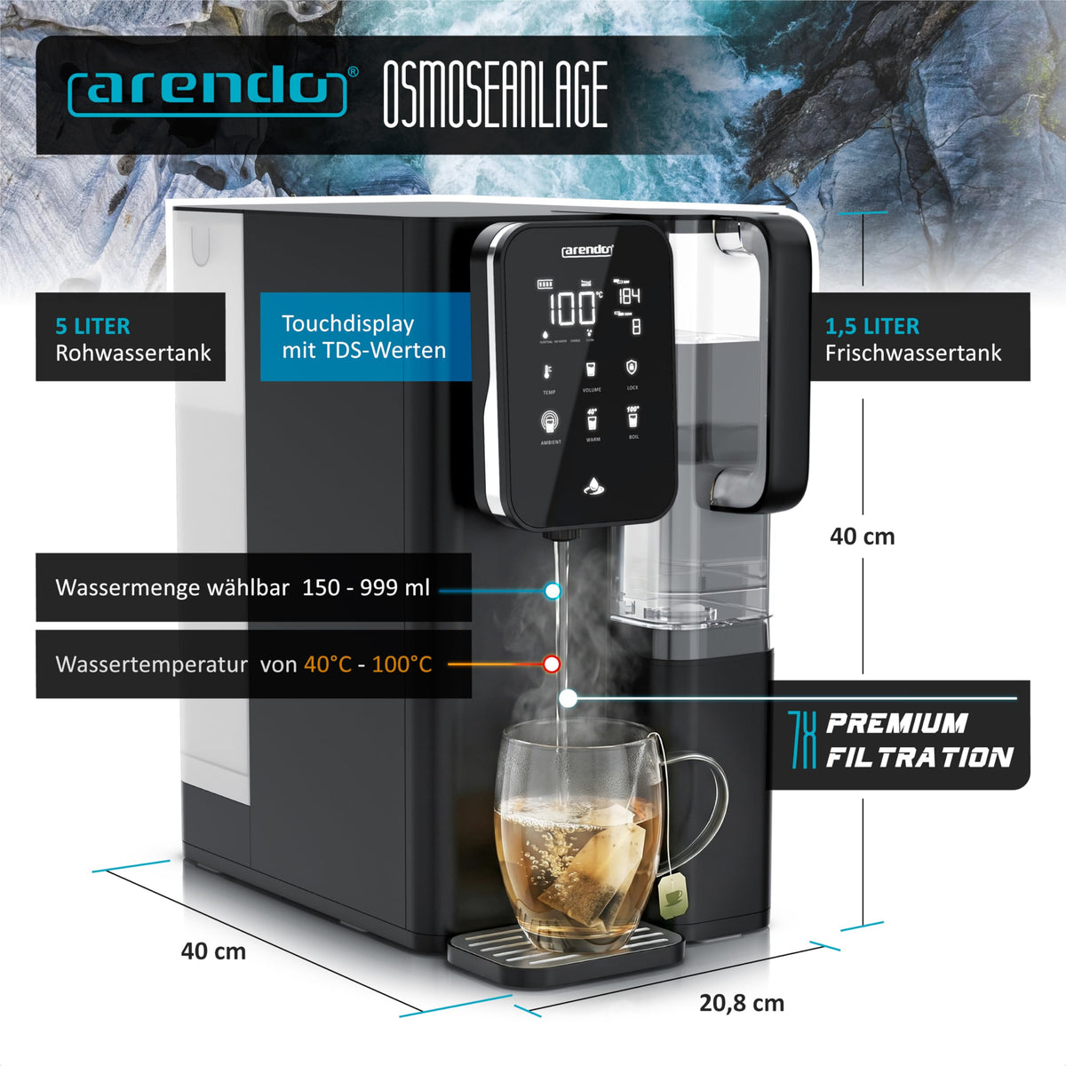 Osmoseanlage 99,99% reines Wasser, 7 Stufen Filter (5+2), montagefrei, Heißwasserspender 40 bis 100 °C, TDS